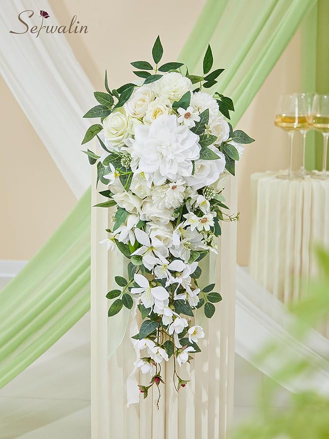 Serwalin 11Inch Bridal Bouquet White Green Wedding Bouquets for Bride Bridesmaid Artificial Wedding Flowers for Wedding Ceremony Anniversary