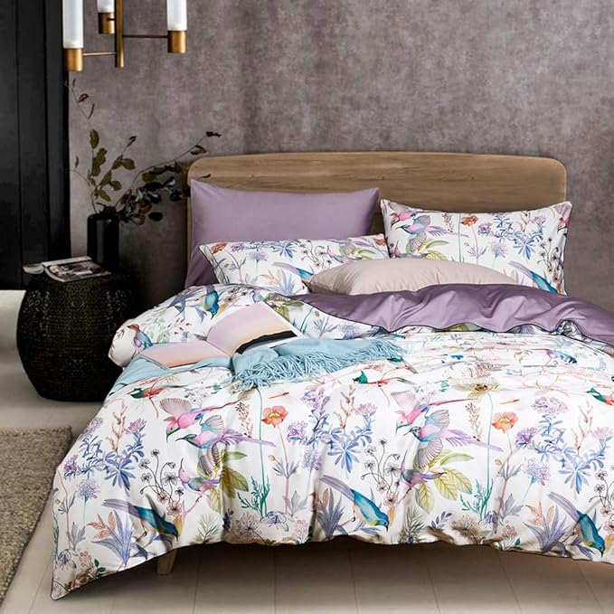 VM VOUGEMARKET Bird Flower Comforter Set Full Vintage Purple Flower Botanical Comforter,Fresh Garden Style Comforter with 2 Pillow Shams for Teen Girls(3pcs,Full)