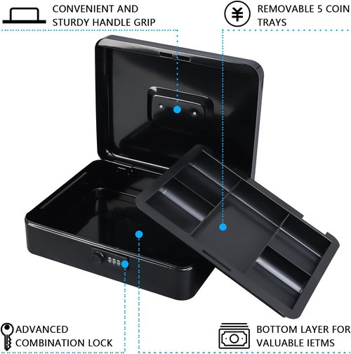 KYODOLED Metal Cash Box - Secure Combination Lock Money Box with Tray | 11.81" x 9.45" x 3.54" - Black
