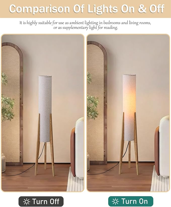 Natural Wood Tripod Floor Lamp, 48.8 in High Vintage Style Cylinder Floor Lamp with White Fabric Lampshade, Mid Century Modern Floor Lamp for Bedroom Living Room Home Office (Natural)