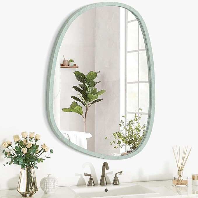 Green Wall Mirror Asymmetrical Irregular Wood Frame Mirror for Wall Unique Modern Wall-Mounted Artistic Oval Shape Small Mirror Decor for Bedroom Living Room Bathroom Entryway Hallway Vanity