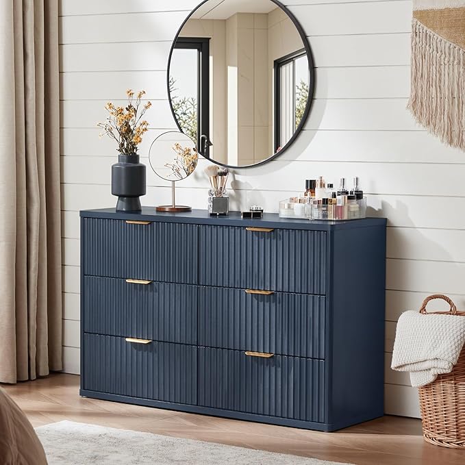 LEYAOYAO Fluted 6 Drawers Dresser, 48" Wide Modern Chest of Drawers with Woodgrain Top, Curved Profile Design, Dresser TV Stand, Wood Drawer Organizer for Bedroom, Living Room, Hallway,Blue