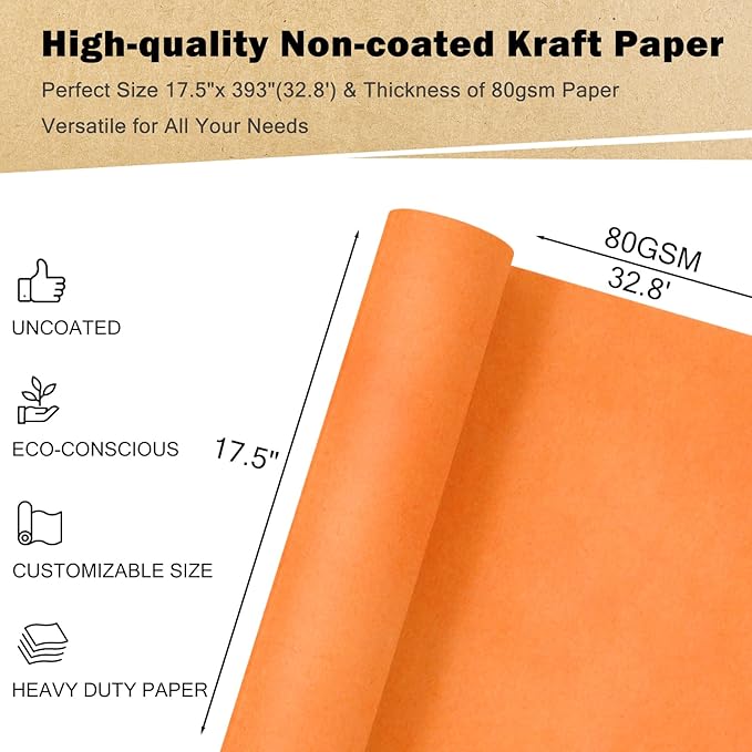 RUSPEPA Orange Kraft Wrapping Paper Roll, 17.5"x 393"(32.8'), Recyclable Orange Gift Wrap Paper for Birthday Gift Wrapping, Table Covering, Art & Craft Supplies, Easter Bouquet Flower, 80GSM