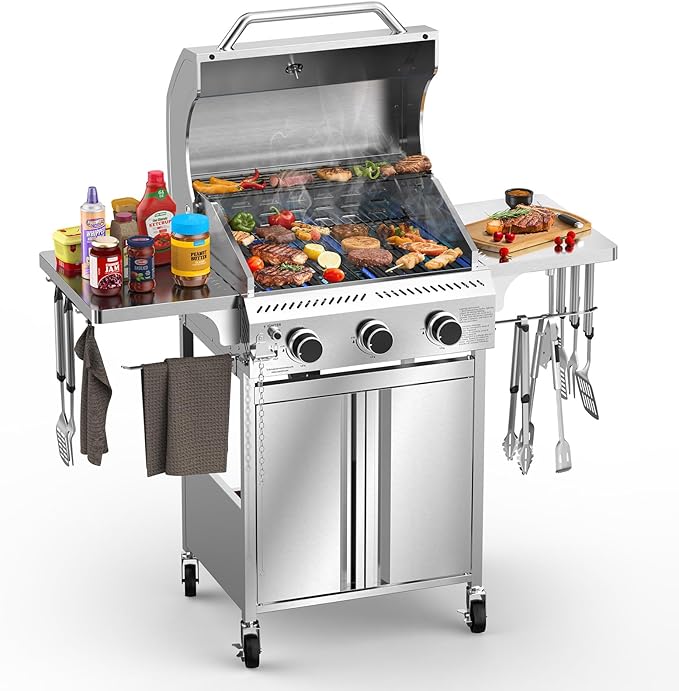 Electactic G31 Gas Grill, 3-Burner Gas Grill with Folding Side Tables,Stainless Steel 24,000 BTU BBQ Grill,Outdoor Propane Grill for Barbecue,Patio,Camping