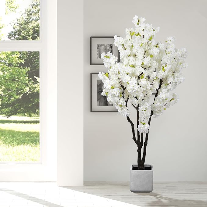 6ft Tall Cherry Blossom Artificial Tree, Handmade White Cherry Tree, Fake Flower Faux Silk Leaves Plant, Artificial Plants for Home Office Indoor Outdoor Party Wedding Christmas Decor