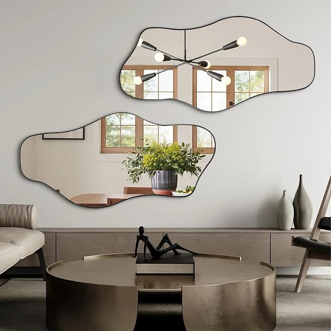Irregular Wall Mirror, 47.2"x24" Asymmetrical Tempered Glass Mirror, Frameless Organic Shaped Mirrors for Entryway Bedroom Living Room Bathroom, Horizontal or Vertical Hanging