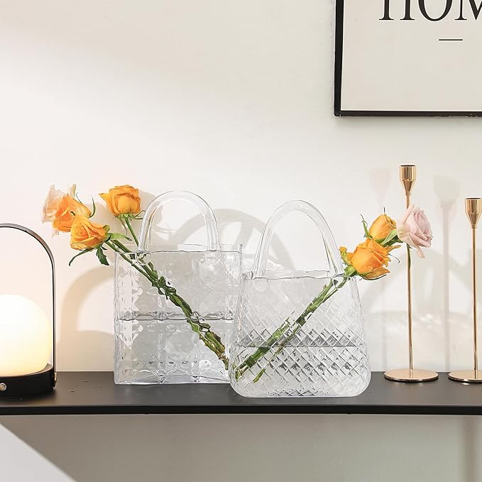 Purse Vase, Glass Bag Vase, Glass Purse Vase for Flowers, Clear Vases, 12 Inch Large Flower Vase with Embossed Pattern for Wedding, Living Room, Bedroom, Table, Office(Round)