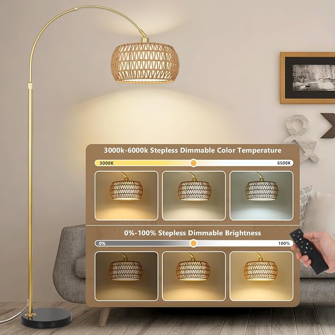 Gold Floor Lamps for Living Room, Arc Floor Lamp with Remote & Dimmable Bulb, Boho Rattan Standing lamp with 3 Color Temperatures, Height Adjustable Tall Lamp for Bedroom, Over Couch Reading Lamp