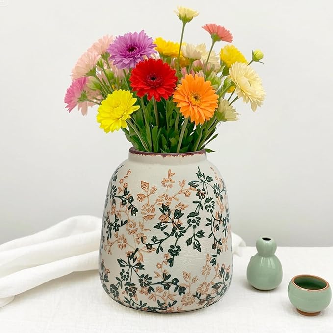 Vintage Ceramic Flower Mini Vase Home Decor - Tabletop Rustic Vase for Decor Living Room Bookshelf Office Kitchen Cottage, White Vases for Bouquet, Chinoiserie | Grand Millennial | 6.1inch