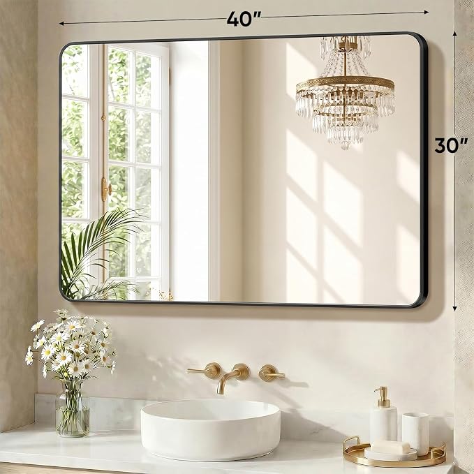 Sweetcrispy Bathroom Mirror for Over Sink, 30x40 Inch Wall Mount Mirror with a Rounded Rectangle and Matte Metal Frame, Modern Wall Vanity Mirrors for Home Decor, Living Room, Bedroom, Black
