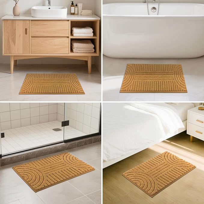 SHACOS Boho Small Bathroom Rugs, 16"x24" Extra Soft Absorbent Microfiber Bath Mats Home Decor Non Slip Carpet Machine Washable Shaggy Bath Rugs for Shower Bathtub Floor, Mustard 1'4" x 2'