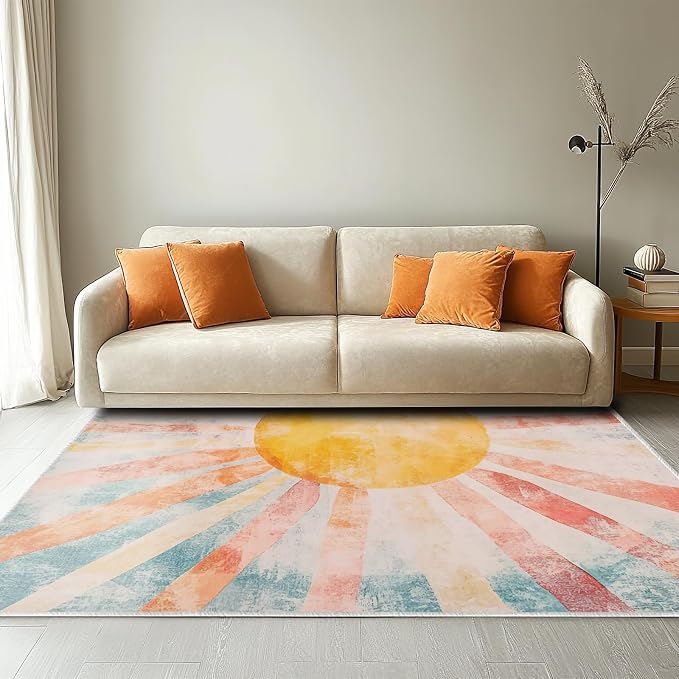 5x7 Boho Sun Area Rug Retro Orange Yellow Blue Beige Bedroom Rug Low Pile Thin Large Carpet Living Room Non Slip Dining Room Stain Resistant Office Washable Machine Classroom