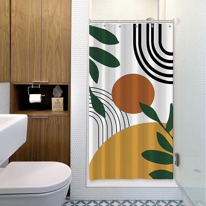 Boho Geometric Shower Curtain White Beige Mid Century Abstract Arch Curve Bathroom Curtain Minimalistic Sun Shower Curtain Sets for Bathroom Extra Long 36x72 in with 6 Hooks