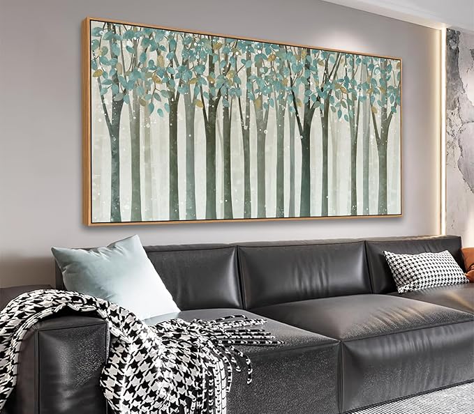 VEAEE Framed Birch Tree Wall Art - Living Room Wall Decor, Abstract Nature Forest Landscape Canvas Pictures, Teal Trees Paintings - Scenic Picture and Modern Home Decor for Bedroom Office 20" x 40"