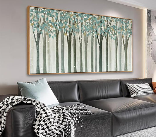 VEAEE Framed Birch Tree Wall Art - Living Room Wall Decor, Abstract Nature Forest Landscape Canvas Pictures, Teal Trees Paintings - Scenic Picture and Modern Home Decor for Bedroom Office 20" x 40"