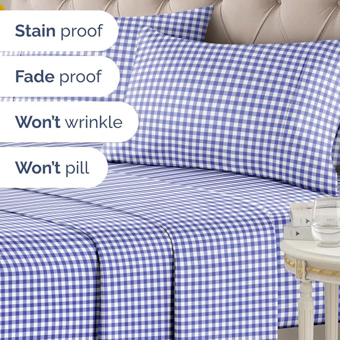 Blue Gingham Sheets - 1 Flat & 1 Fitted Sheet & 2 Pillowcases w/ Deep Pockets - Grid, Plaid, Checkered Pattern Bed Set - Comfy, Wrinkle & Fade Resistant - Ultra-Soft, Breathable & Cooling -Queen Size