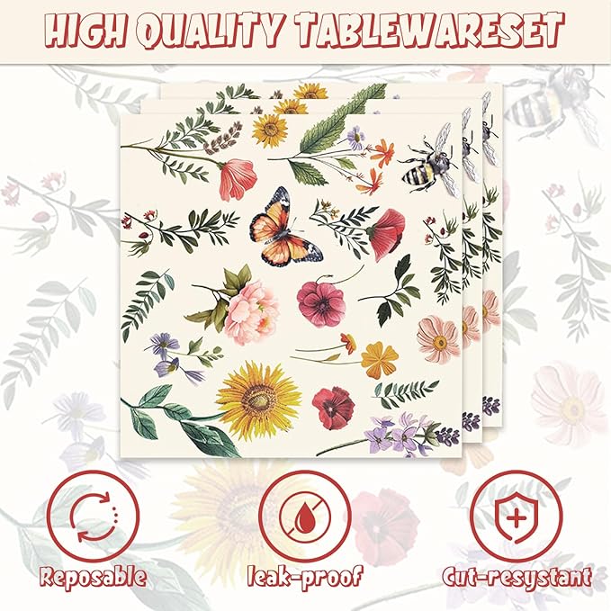 48Pcs Wildflower Birthday Party Supplies Include Plates Napkins Forks for 16 Guests Floral Paper Plates Vintage Flower Tea Party Decorations