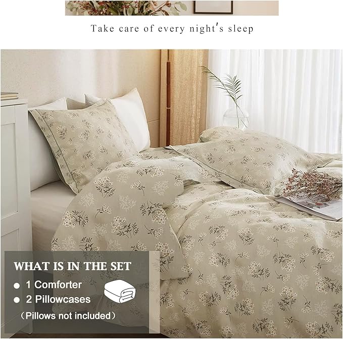 VM VOUGEMARKET Garden Daisy Flower Comforter Set Full Soft Microfiber Comforter Chic Floral Printed Bedding Set Vintage Botanical Comforter Set Beige 80x90 Inch