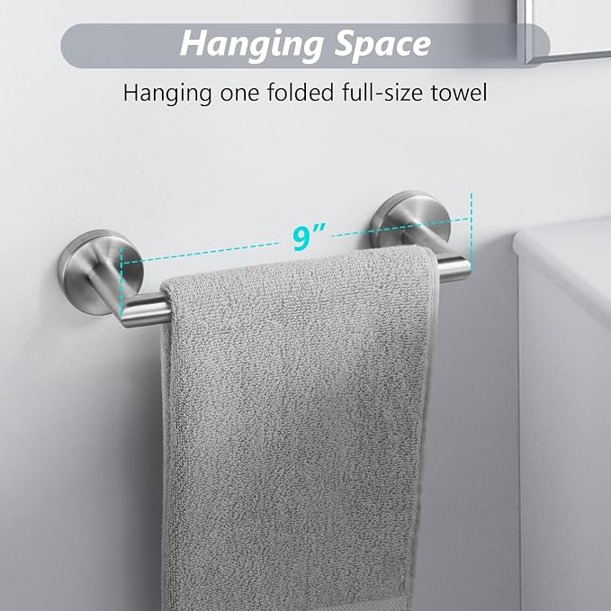 JunSun Bathroom Towel Bar 9 Inch Brushed Nickel Towel Racks Wall Mounted Bath Hand Towel Holder Modern Home Decor Towel Rod Bathroom Hardware Stainless Steel Towel Hanger Silver Towel Rail Single Bars