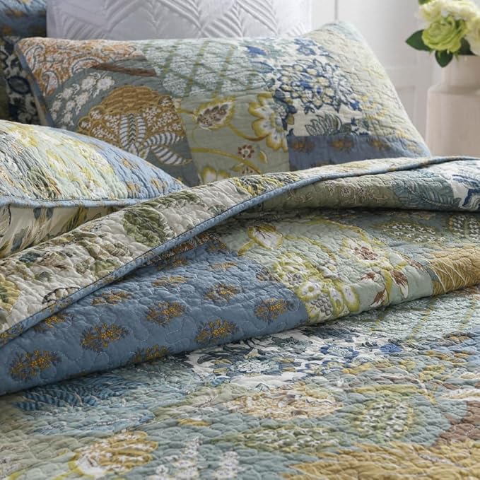 ENASAL Cotton Bedspread Quilt Sets Reversible Bedding Coverlet Sets Comforter, Patchwork Vintage Floral Paisley Farmhouse Pastoral Turquoise Bedspread, Queen Size