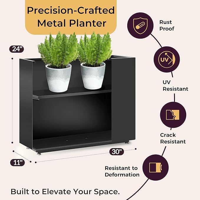 Tall & Long Metal Planter with Middle Shelf - 30W x 11D x 24H Black Rectangular Outdoor Planter Box, Span Divider for Garden, Patio, Yard | Easy 5-Min Assembly, Drainage Holes, Adjustable Feet
