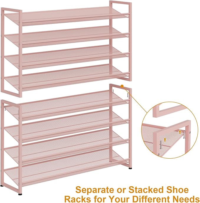 NEYCIL Large Shoe Rack 8 Tier Shoe Organizer, Heavy Duty Metal 4-Tier Stackable Shoe Storage Vertical Shoe Rack for Closet Front Door Entrance, Up to 50 Pairs, 44.8" W x 11.4" D x 56.7" H, Pink
