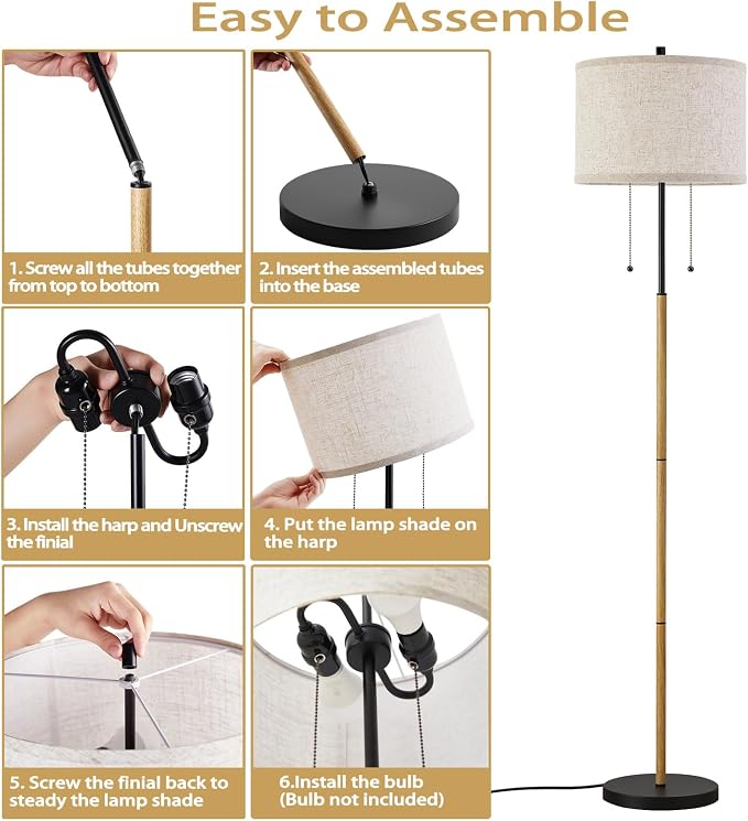 Luvkczc Floor Lamp, 62" Standing Lamp Tall Lamp with Fabric Lampshade&Pull Chain Corner Floor Lamps for Living Room, Bedroom,Office, Wood Grain 2 Bulb Socket