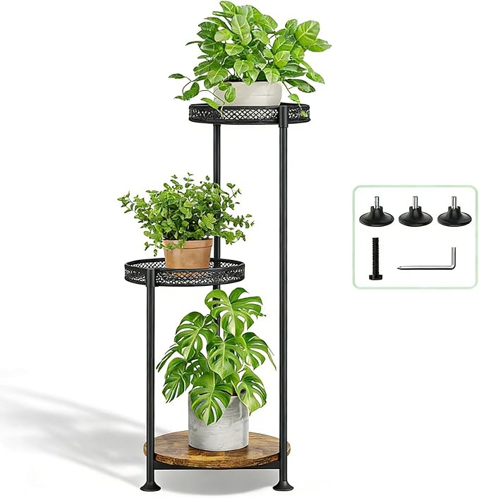 3 Tier Large Plant Stand Indoor Outdoor Clearance 10in Wide Metal Wood Plant Stand for Multiple Plants Black Tall Narrow Plants Display Organizer for Corner Living Room Porch Patio Garden Office