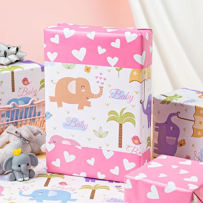 Homeral Girl Baby Shower Wrapping Paper Roll - Baby Elephant & Pink Heart Pattern, Reversible Newborn Gift Wrap for 1st Birthday, Party - Mini Roll - 17 Inch x 33 Feet