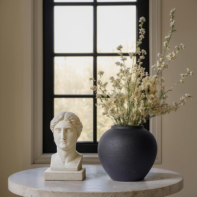 Rustic Ceramic Vase, 8.3" Black Farmhouse Tall Vase, Vintage Vases, Modern Terracotta Decor Vases for Home Decor, Living Room, Entryway, Table Centerpieces, Shelf, Kitchen, Housewarming Gifts