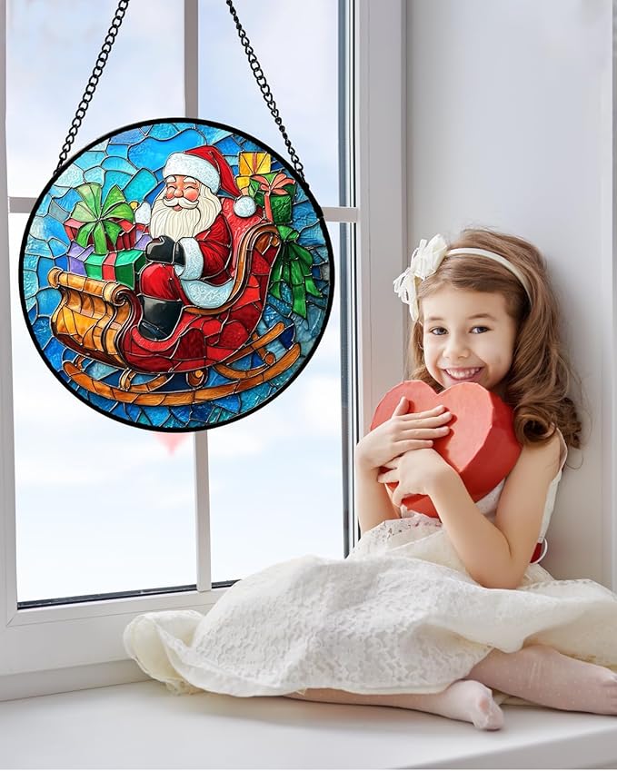 Stained Glass Window Hanging - Red Santa Claus Gift Box Suncatcher for Doors Home Christmas Decoration Winter Sun Catcher Thanksgiving New Year Birthday Gift for Women Men Mom Nana 6.3 in