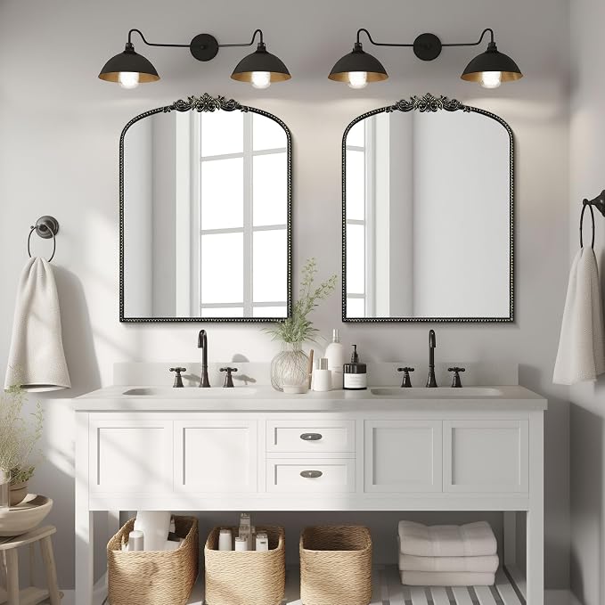 WallBeyond Black Vintage Mirror for Vanity 24x32 Inch, Black Antique Mirror with Ornate Frame, Arched Vintage Wall for Bathroom, Living Room, Fireplace, Entryway