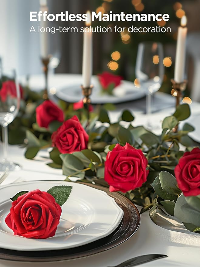 InnoGear Artificial Flowers, 50 Pcs Dark Red Foam Fake Roses Bulk with Stems for Decoration Celebration DIY Wedding Bouquets Centerpieces Bridal Shower Party Christmas Tree