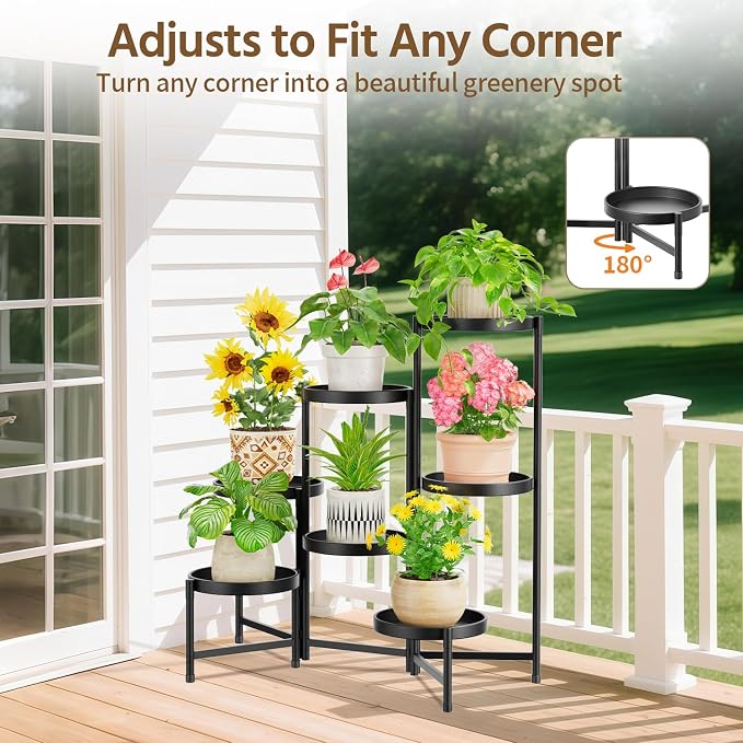 LASZOLA 7 Tier Large Plant Stand Indoor Tall with 10 Inch Metal Tray, Corner Folding Flower Display Rack, Modern Plant Holder Shelf for Outdoor Patio Porch Garden Office Living Room, Black