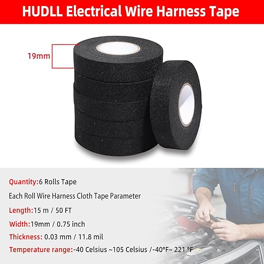 6-Pack Wire Harness Tape,Friction Tape 3/4-Inch by 50-Foot,High Temp Wire Cable Loom Self-Adhesive Tape for Automobile Electrical and Engine Wire Noise Dampening,Audio Wire Harness