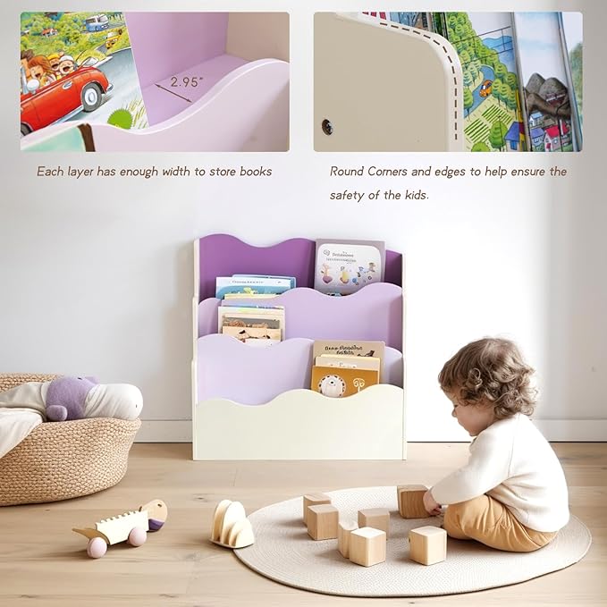 Kids Bookshelf Montessori Shelf for Toddlers, Front-Facing Book Organizer for Children, Pastel Nursery Floor Bookshelf, Wave Design Reading Corner Display Rack