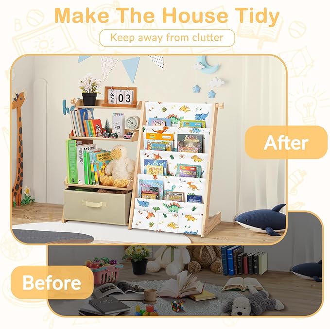 Kids Bookshelf and Toy Storage Organizer Wooden 2 in 1 Toddler Bookcase-4 Tier Book Shelf with Toy Box for Kids Room,Nursery,Playroom