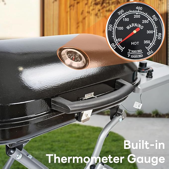 Electactic Propane Gas Grill, Portable BBQ Gas Grill with 348 Sq.In. Large Grilling Areas, 15000BTUs, Portable & Foldable BBQ Griddle for Outdoor Camping, Tailgating, Parties, Backyard, Black