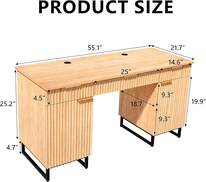 55" Fluted Executive Desk with File Drawer,Wooden Computer Desk with Storage,Light Wood Modern Office Desk for Work and Studying,Natural Oak (1, Natural Oak)