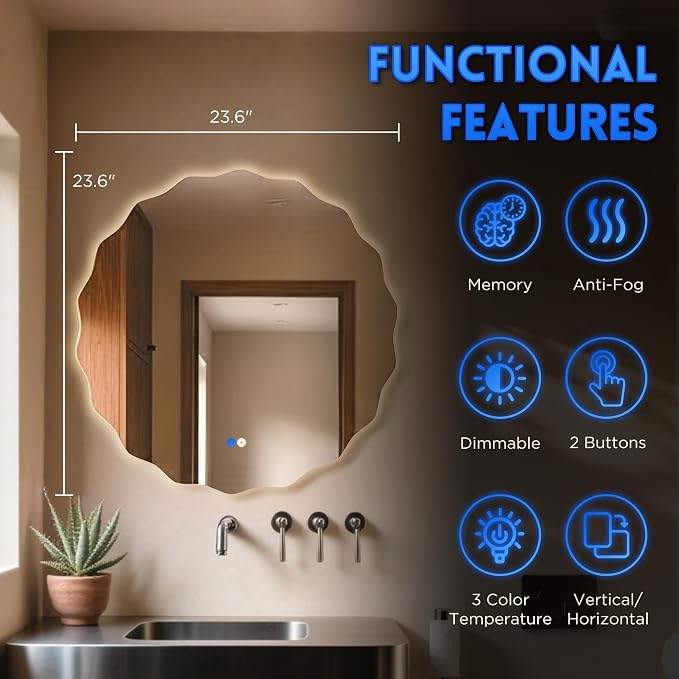 Round Led Bathroom Mirror- 24" Wavy Vanity Mirror with Lights IP54 Enhanced Anti-Fog,Single Piece 3 Colors Dimmable, Memory,Tempered Glass,UL Listed