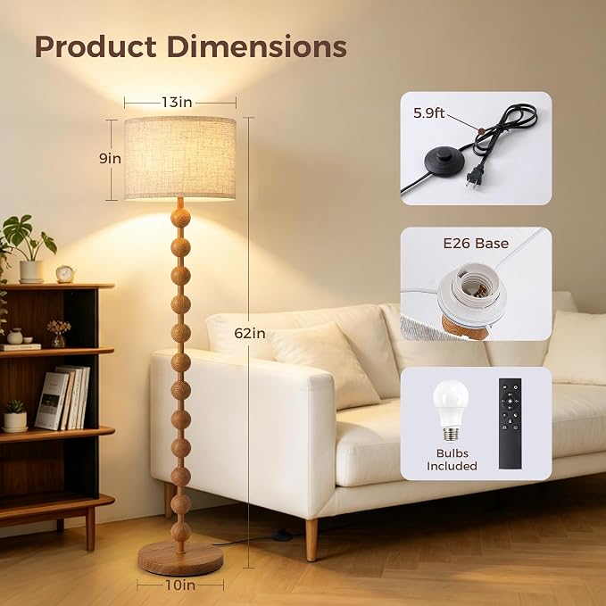 62" Vintage Farmhouse Floor Lamp for Living Room,3 Color Temperatures & Dimmable,Rustic Standing Lamp with Remote & Foot Switch,Retro Wood Grain Tall Floor Lamp for Bedroom Office Corner(Natural Wood)