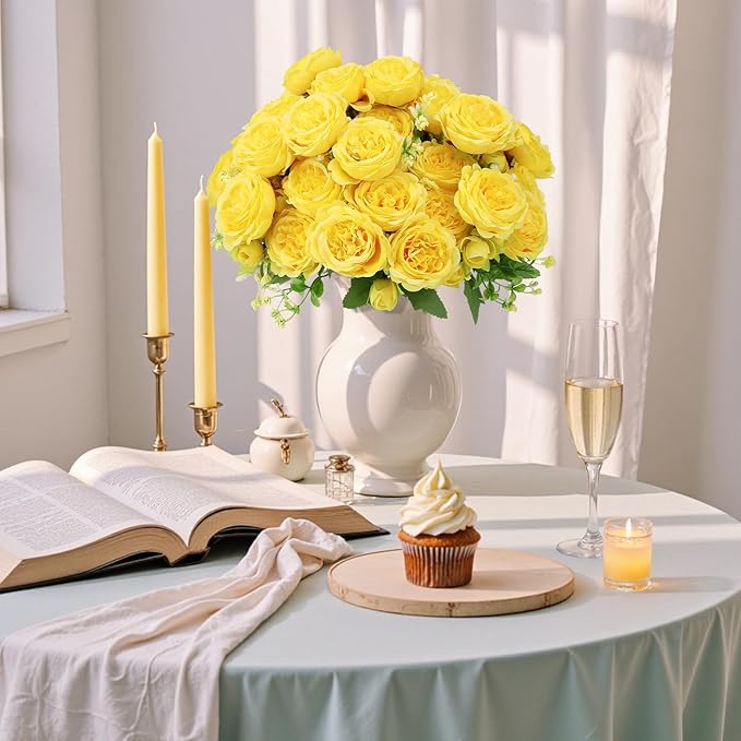 8 Pack Yellow Peonies Artificial Flowers, Fake Silk Hydrangea Bouquet for Bridal Wedding Home Table Decor Reusable Dining Opening Ceremony Birthday Arrangement Faux Floral