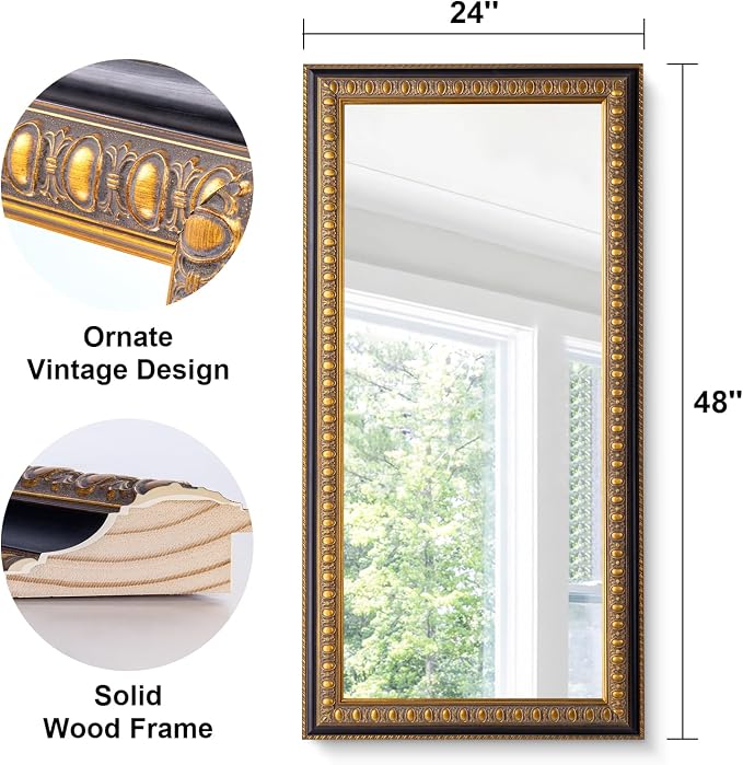 Vintage Wall Mirror for Living Room, 48" L x 24" W Large Gold Mirror for Wall with Carved Wood Frame, Rectangular Baroque Mirrors for Bathroom Entrance Hallyway, Horizontal/Vertical Hanging