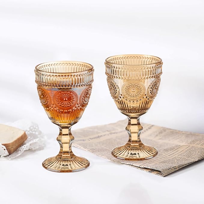 Vintage Wine Glasses Set of 6, 10 Ounces Colored Glass Water Goblets, Unique Flower Embossed Pattern High Clear Stemmed Glassware Wedding Party Bar Glass Drinking Cups Flower Amber Fancy Glasses