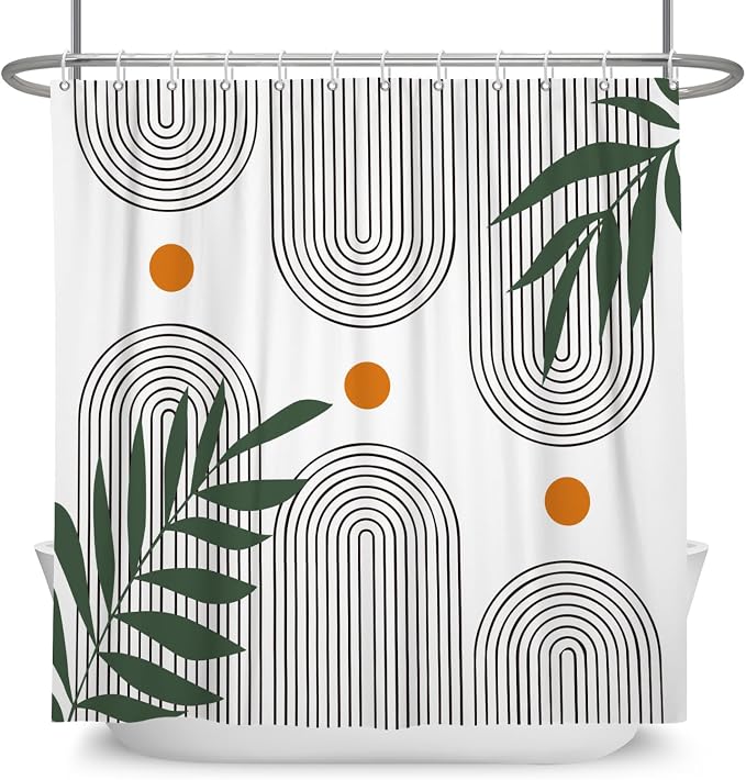 Boho Mid Century Shower Curtain Bohemian Minimalist Geometric Arch Sun Bathroom Curtain Sage Green Plant Polyester Shower Curtain Sets for Bathroom Extra Long 72x84 in with 12 Hooks