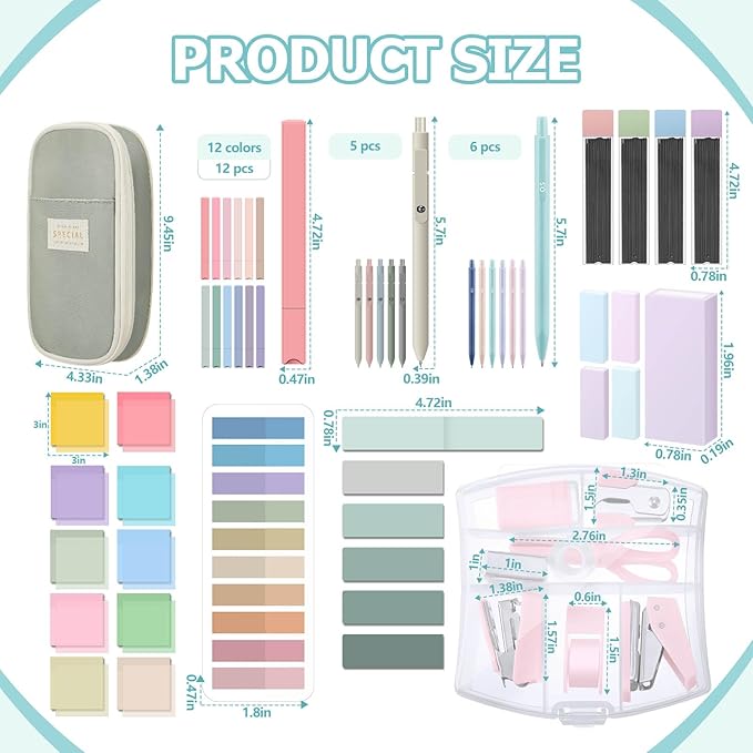 Sinload 60 Pcs Aesthetic Book Annotation Kit School Supplies Cute Pencil Case 12 Highlighter 5 Gel Pen 6 Mechanical Pencil 5 Magnetic Bookmark 1220 Pcs Sticky Note Tab Student Stationary(Light Green)