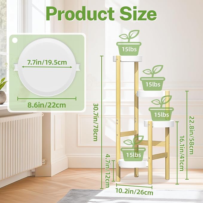 iDavosic.ly 4 Tier Bamboo Plant Stand Indoor Outdoor with Plastic Tray, Tiered Corner Flower Holder Shelf, Space Saving Orchid Display Rack for Patio Porch Living Room Garden Balcony, Natural White