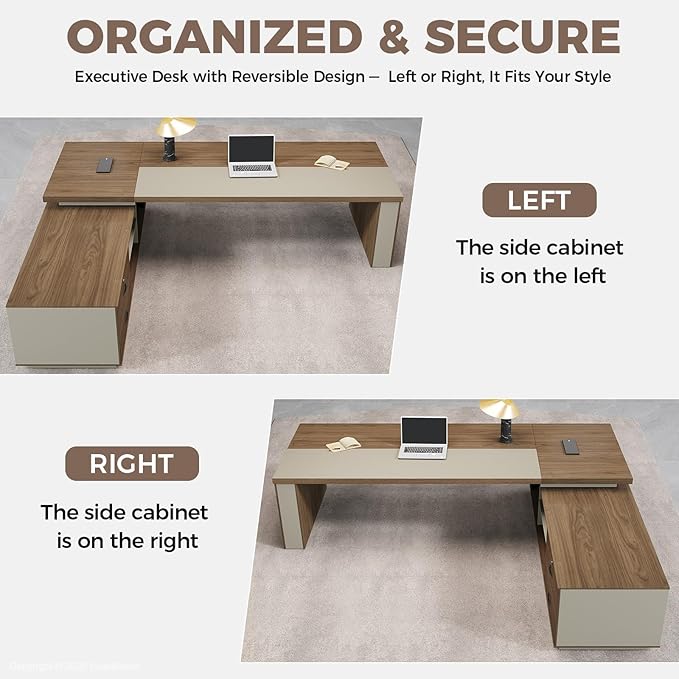 L-Shaped Executive Desk with LED Lights, Lockable Storage & 3-in-1 Charging Station, Reversible Cabinet, Modern Wood Office Desk for CEO, Manager & Home Office(Black Walnut+Khaki, 95"L*71"W*30"H)