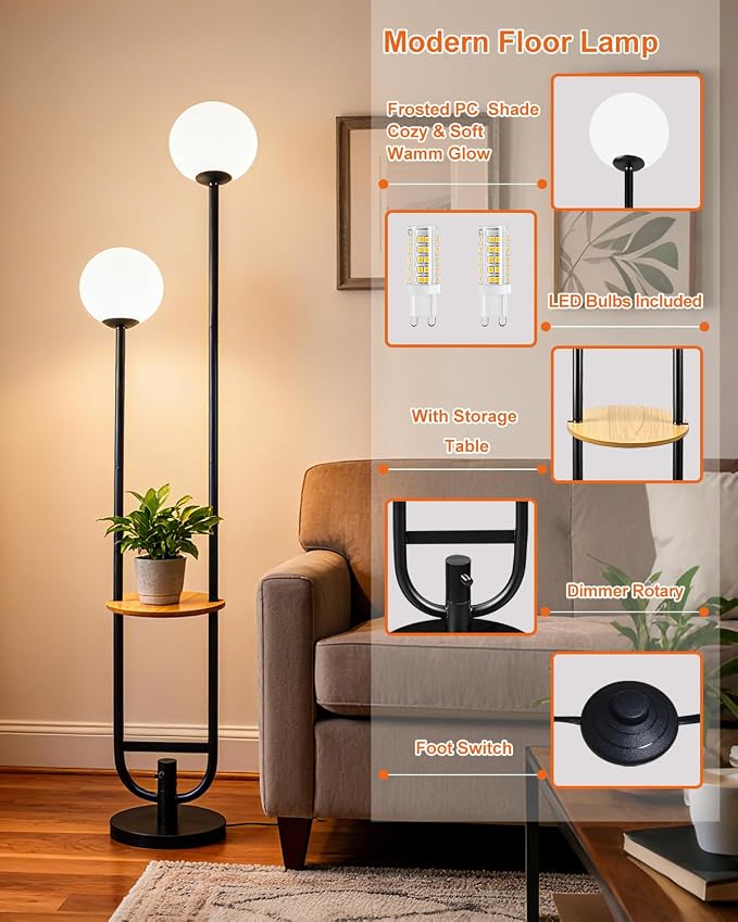 63IN 2-Globe Floor Lamp Dimmable Tall Standing Lamps with Table 3000K Warm White Unique Vintage Modern Mid Century Floor Lamp with 5Lbs Heavy Base for Living Room-Black