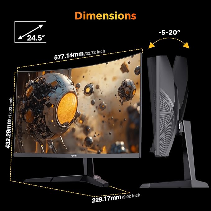 KOORUI 25 Inch Curved Gaming Monitor 240Hz FHD 1080P Computer Monitor, 1500R 1ms MPRT Display, Adaptive Sync, 90% DCI-P3,HDR, Eye Care, Tilt Adjustable, VESA 75x75mm, Black,G2511XC